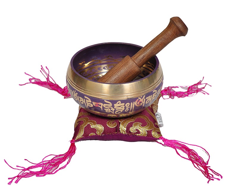 Dharma Store Tibetan Singing Bowl Set By Dharma Store - With Traditional Design Tibetan Buddhist Prayer Flag - Handmade in Nepal (Purple) - Image 3
